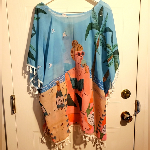 Beach Cover Tassles Beach Girl Print Arm Holes Woman Boho Gypsy Party NWOT - Picture 2 of 9